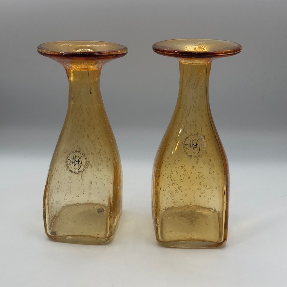 Margie's Garden West Lake CA Hand Blown Amber Bubble Glass Candle Holders /Vases